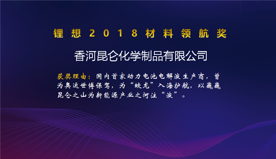 昆侖化學(xué)/當(dāng)升科技/明冠新材榮獲“鋰想2018材料領(lǐng)航獎(jiǎng)”